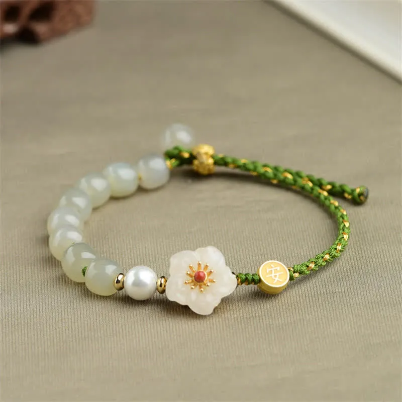 Buddha Stones 925 Sterling Silver Natural Hetian Jade Peach Blossom Luck Bracelet