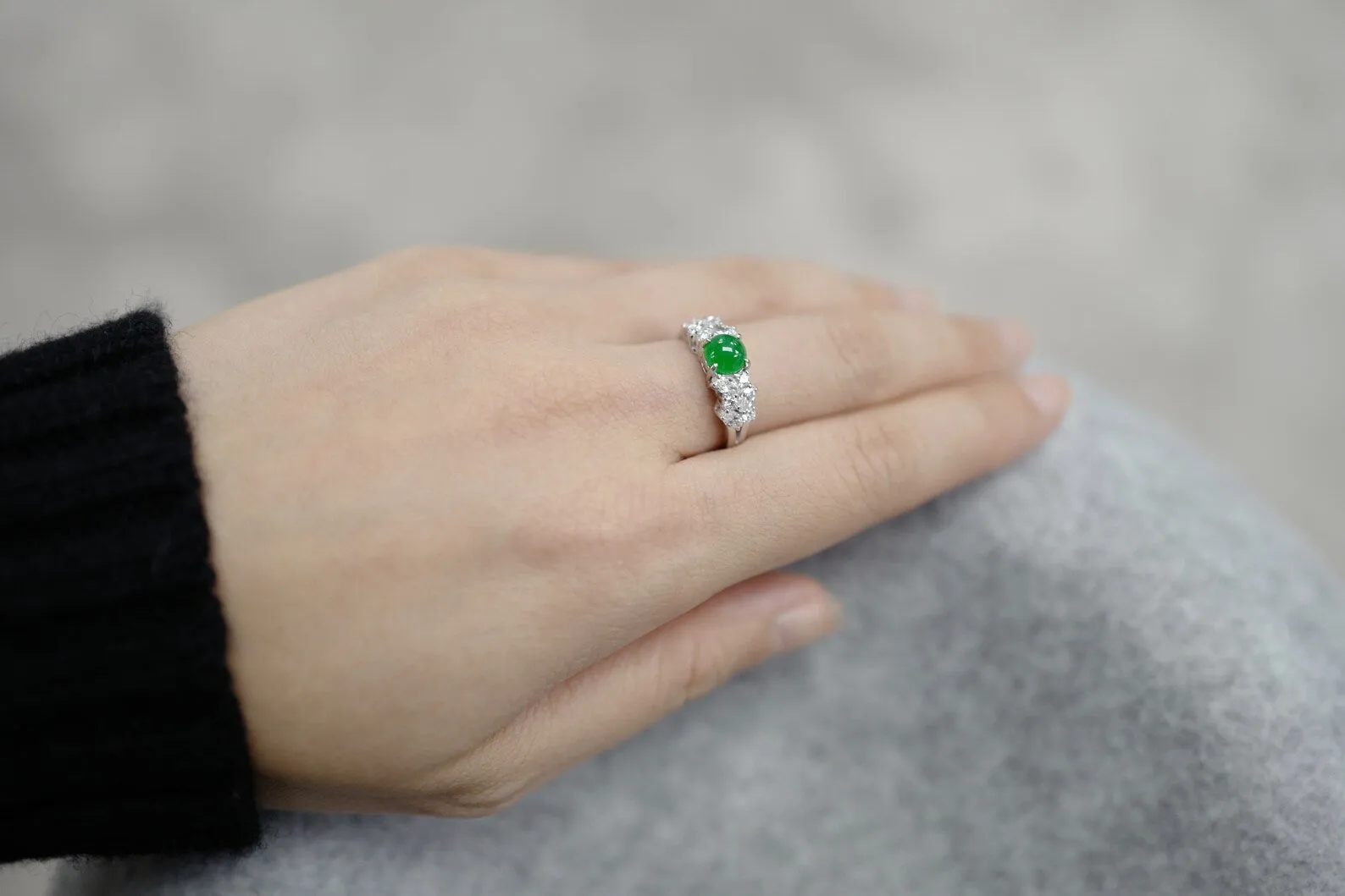 Certified Natural Green Jade & Diamond Ring in Yellow Gold