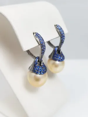 Charming 18k White Gold Cultured Pearl Natural Sapphire Dangle Earrings