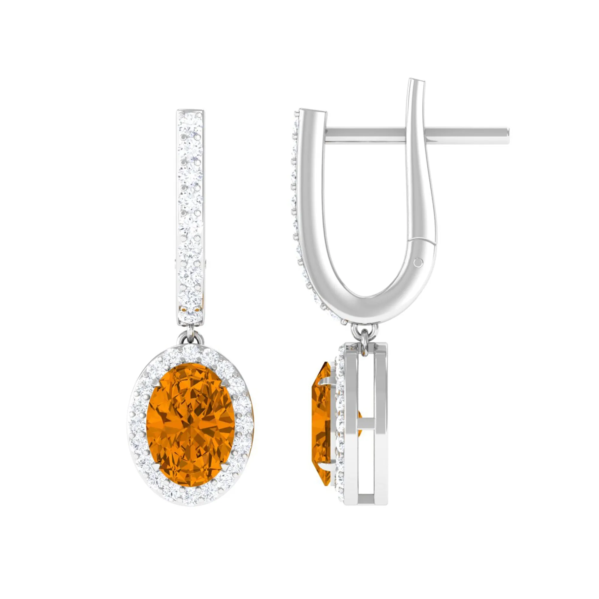 Classic Oval Citrine Hoop Drop Earrings with Moissanite Halo