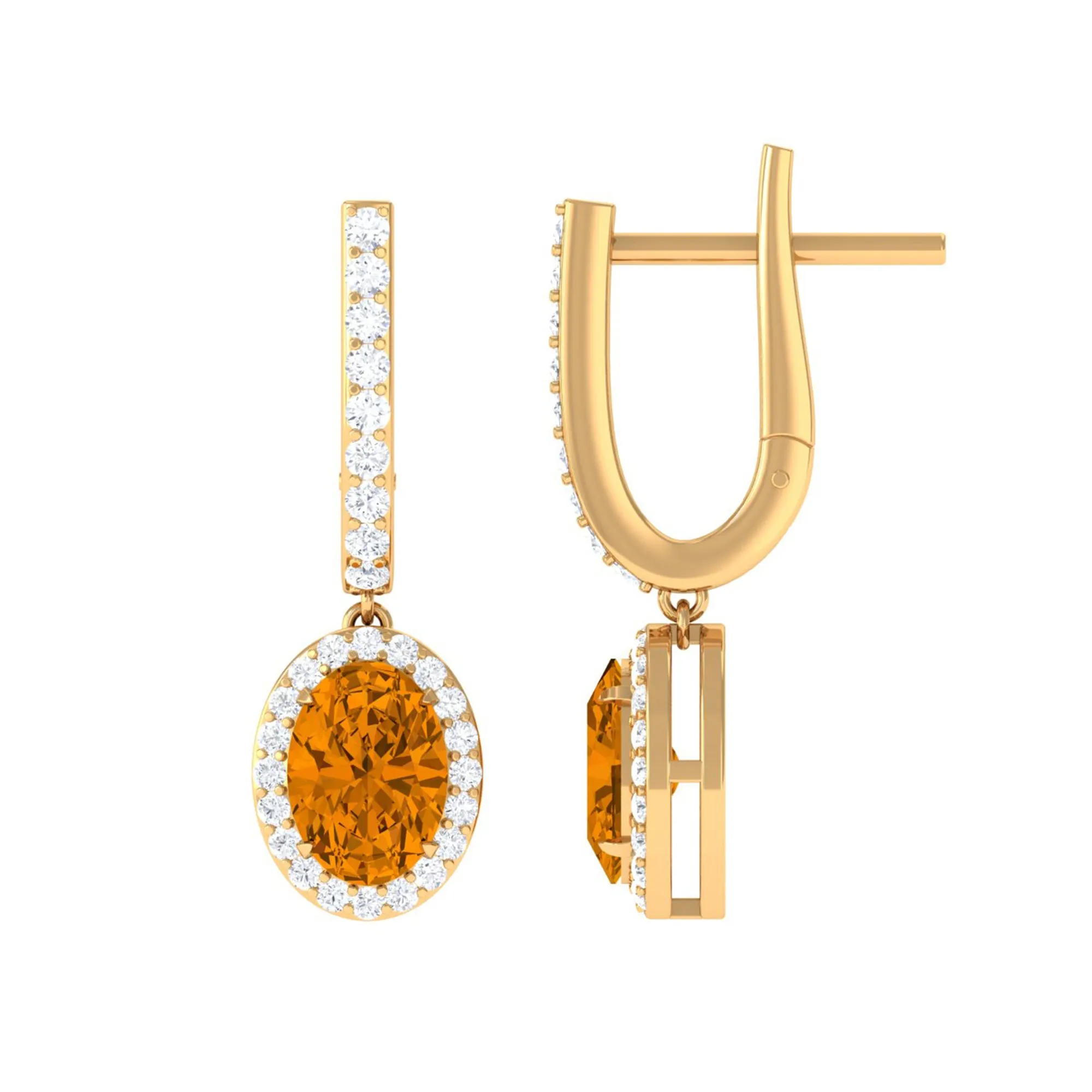 Classic Oval Citrine Hoop Drop Earrings with Moissanite Halo