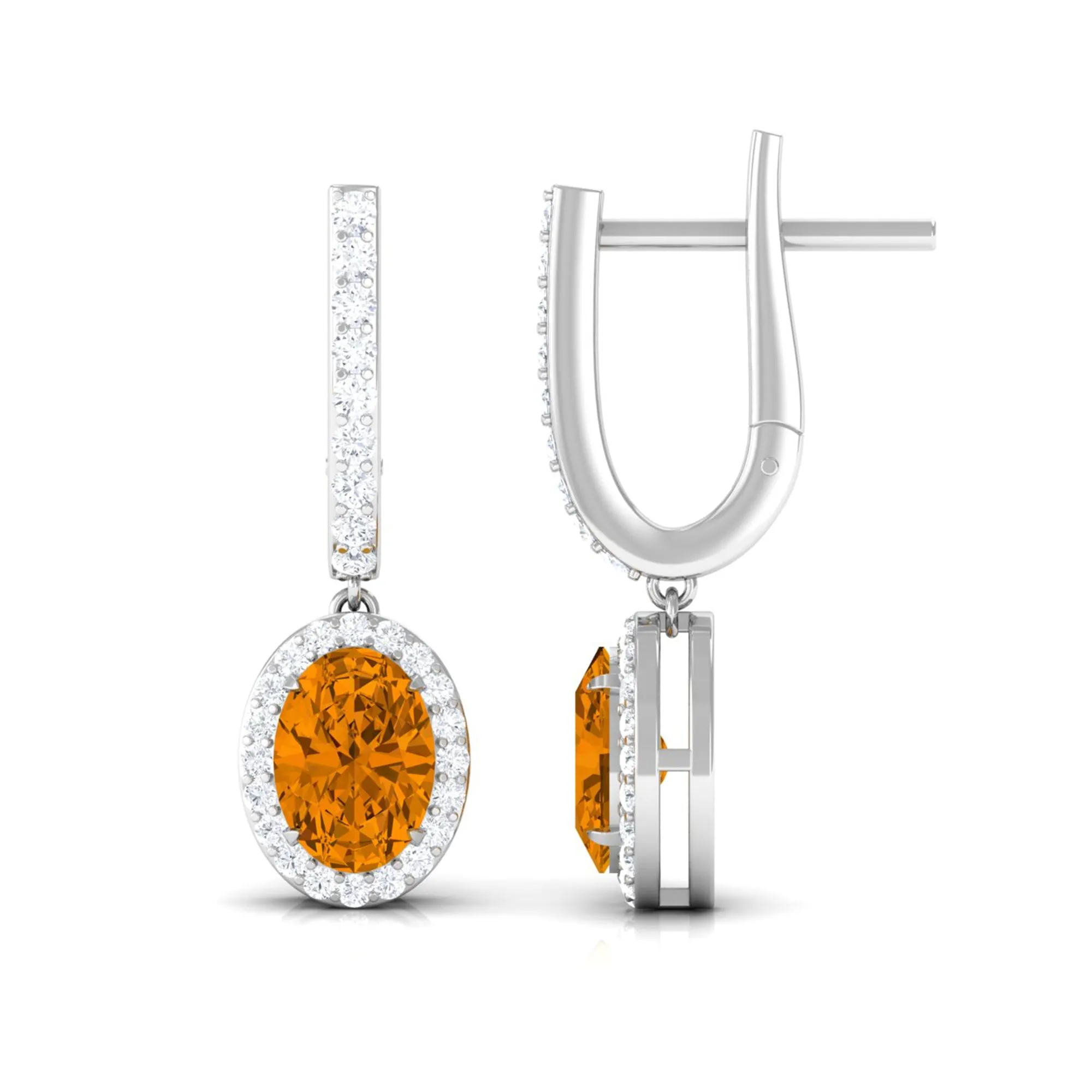 Classic Oval Citrine Hoop Drop Earrings with Moissanite Halo