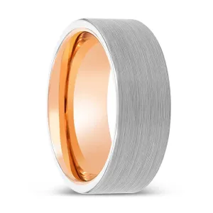 CORBAN | Rose Gold Ring, White Tungsten Ring, Brushed, Flat