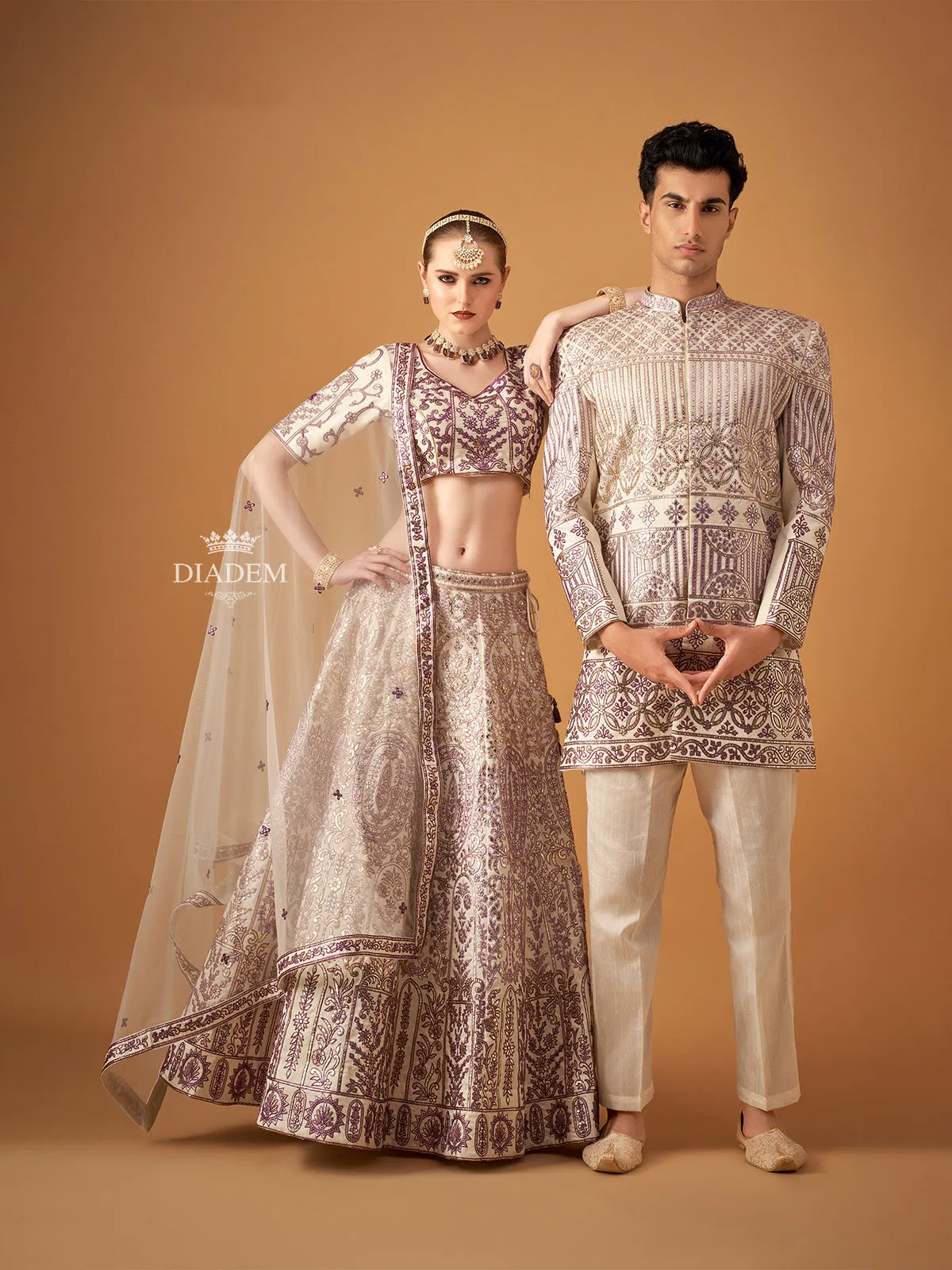 Cream Couple Pair Set Dress Adorned with Floral Embroidery Design Lehenga and Sherwani