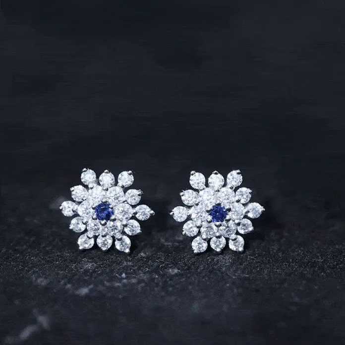 Created Blue Sapphire and Moissanite Cluster Statement Stud Earrings