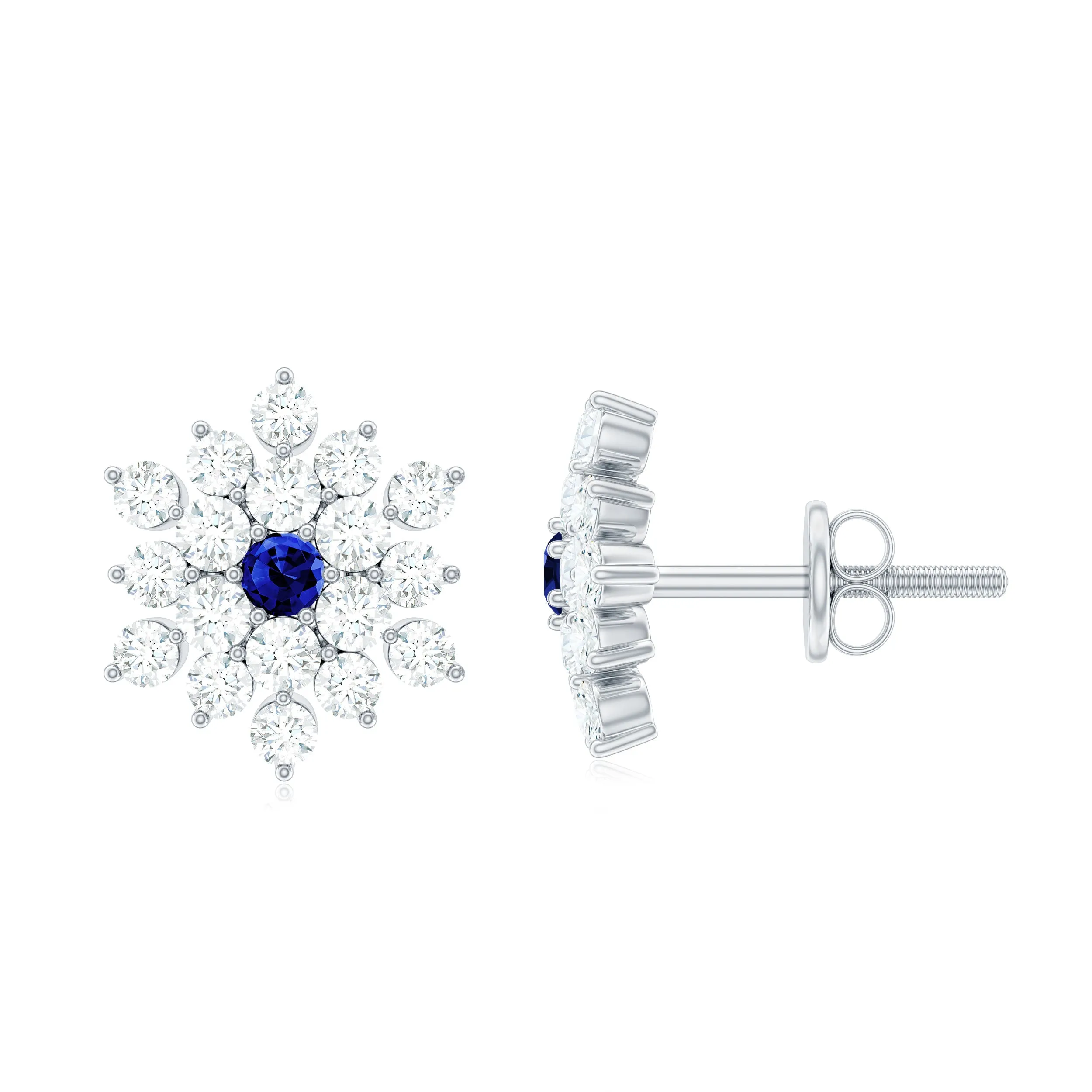 Created Blue Sapphire and Moissanite Cluster Statement Stud Earrings