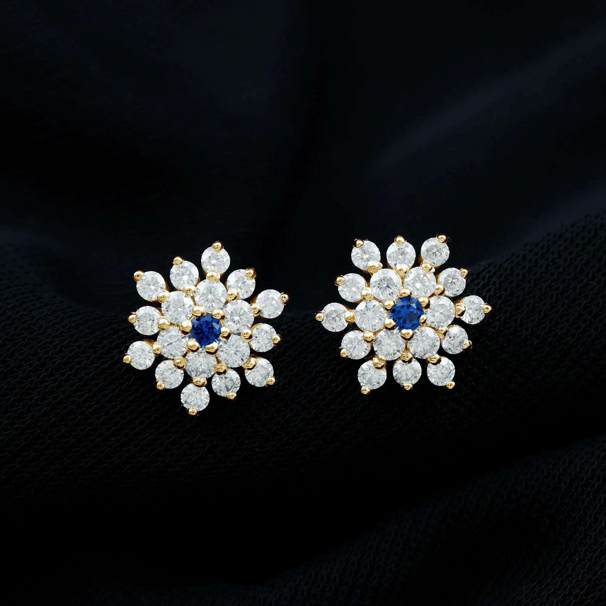 Created Blue Sapphire and Moissanite Cluster Statement Stud Earrings