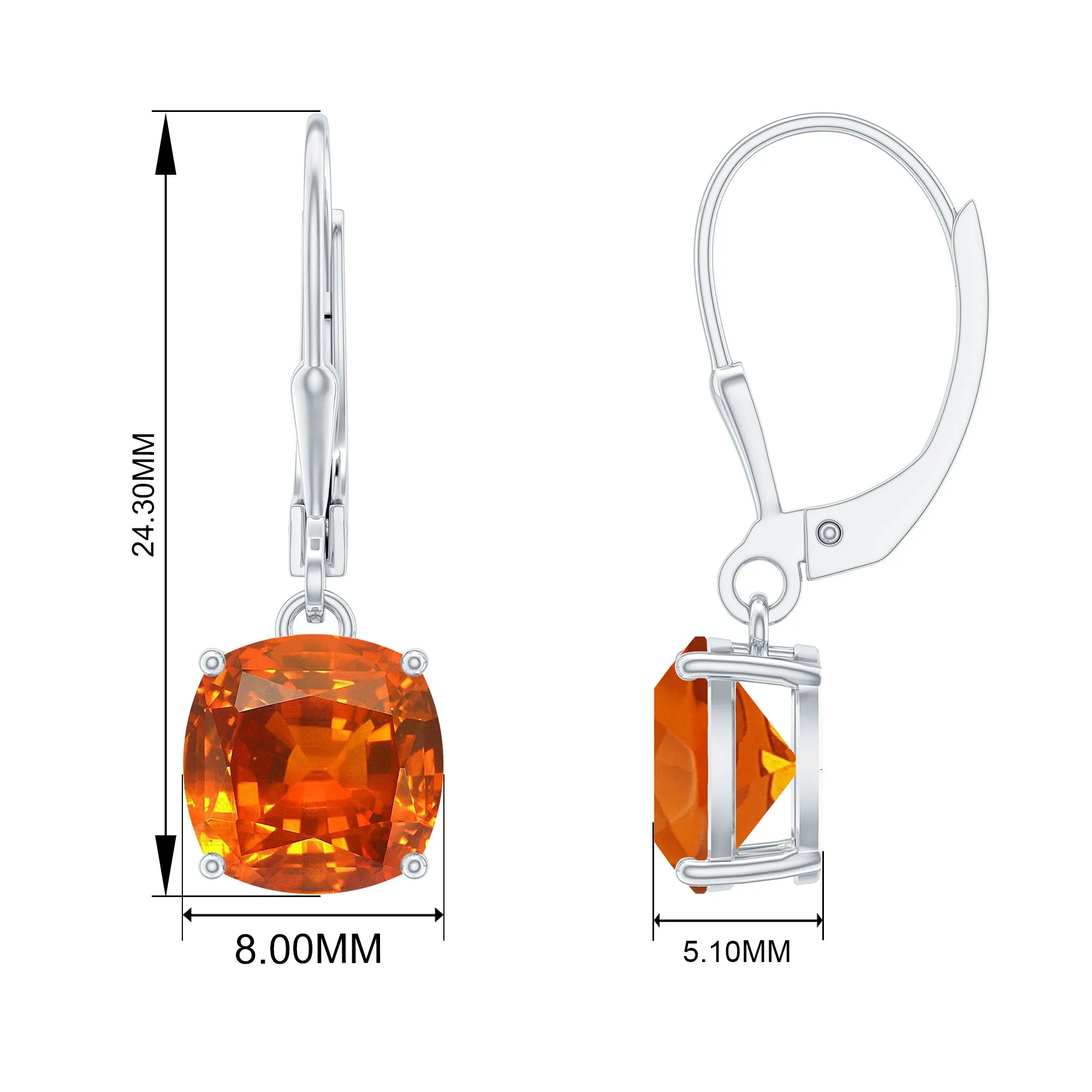 Cushion Cut Created Orange Sapphire Solitaire Drop Earrings