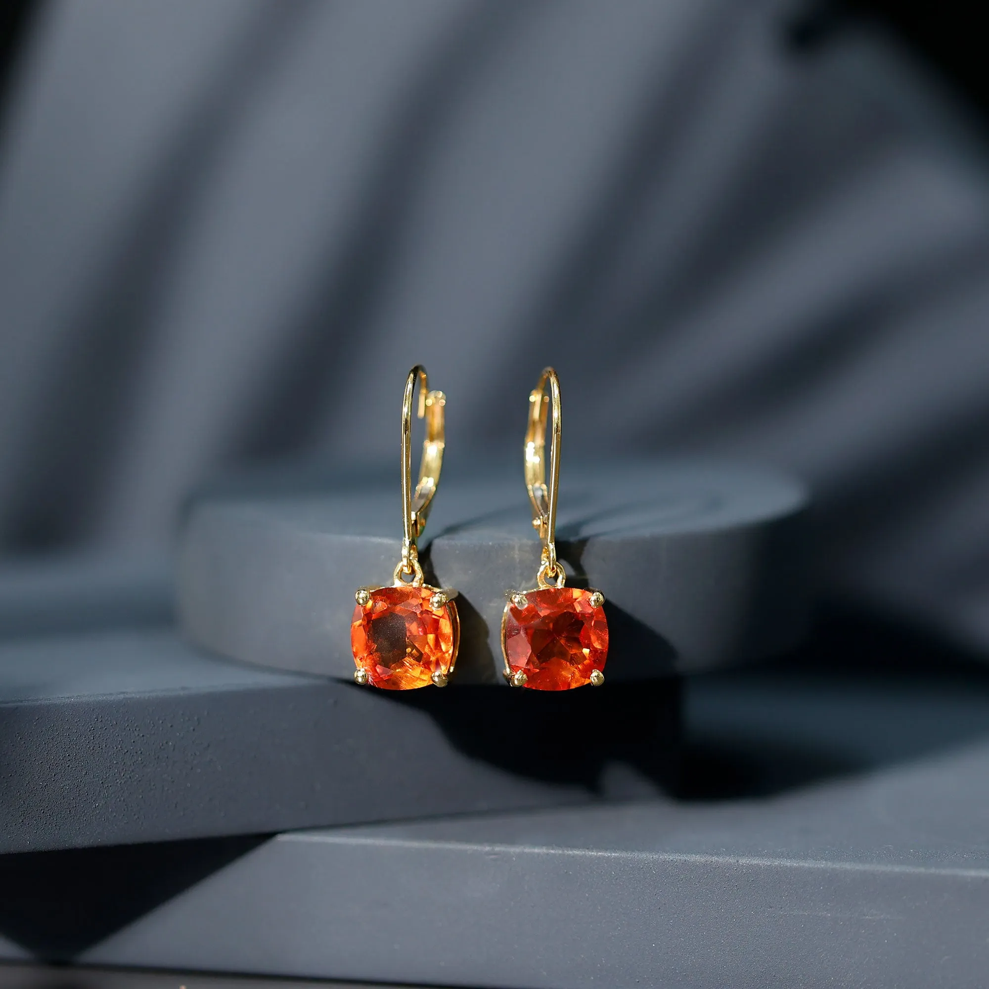 Cushion Cut Created Orange Sapphire Solitaire Drop Earrings