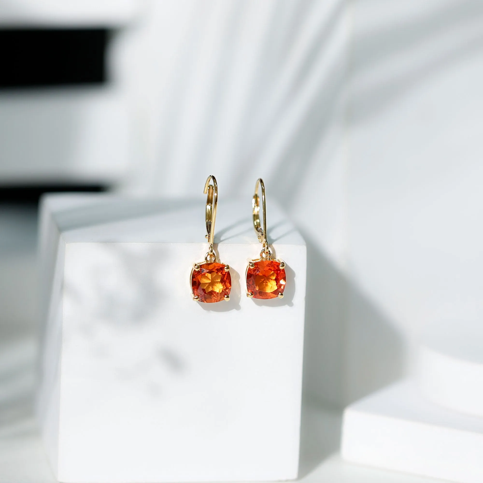 Cushion Cut Created Orange Sapphire Solitaire Drop Earrings