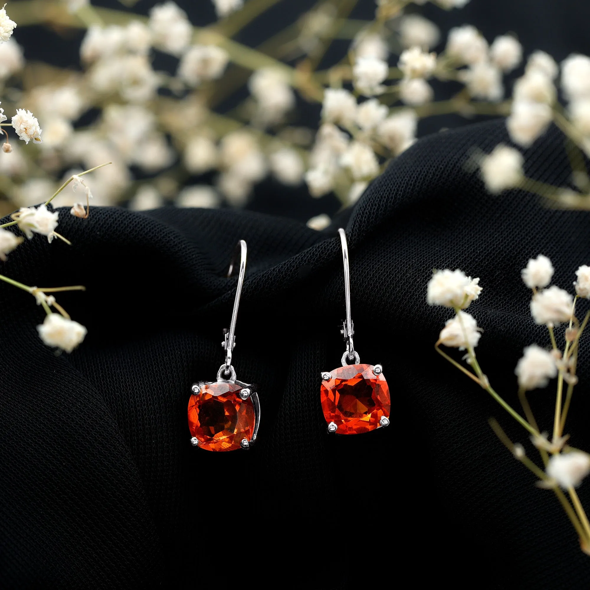 Cushion Cut Created Orange Sapphire Solitaire Drop Earrings