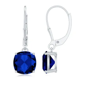 Cushion Cut Solitaire Created Blue Sapphire Drop Earrings