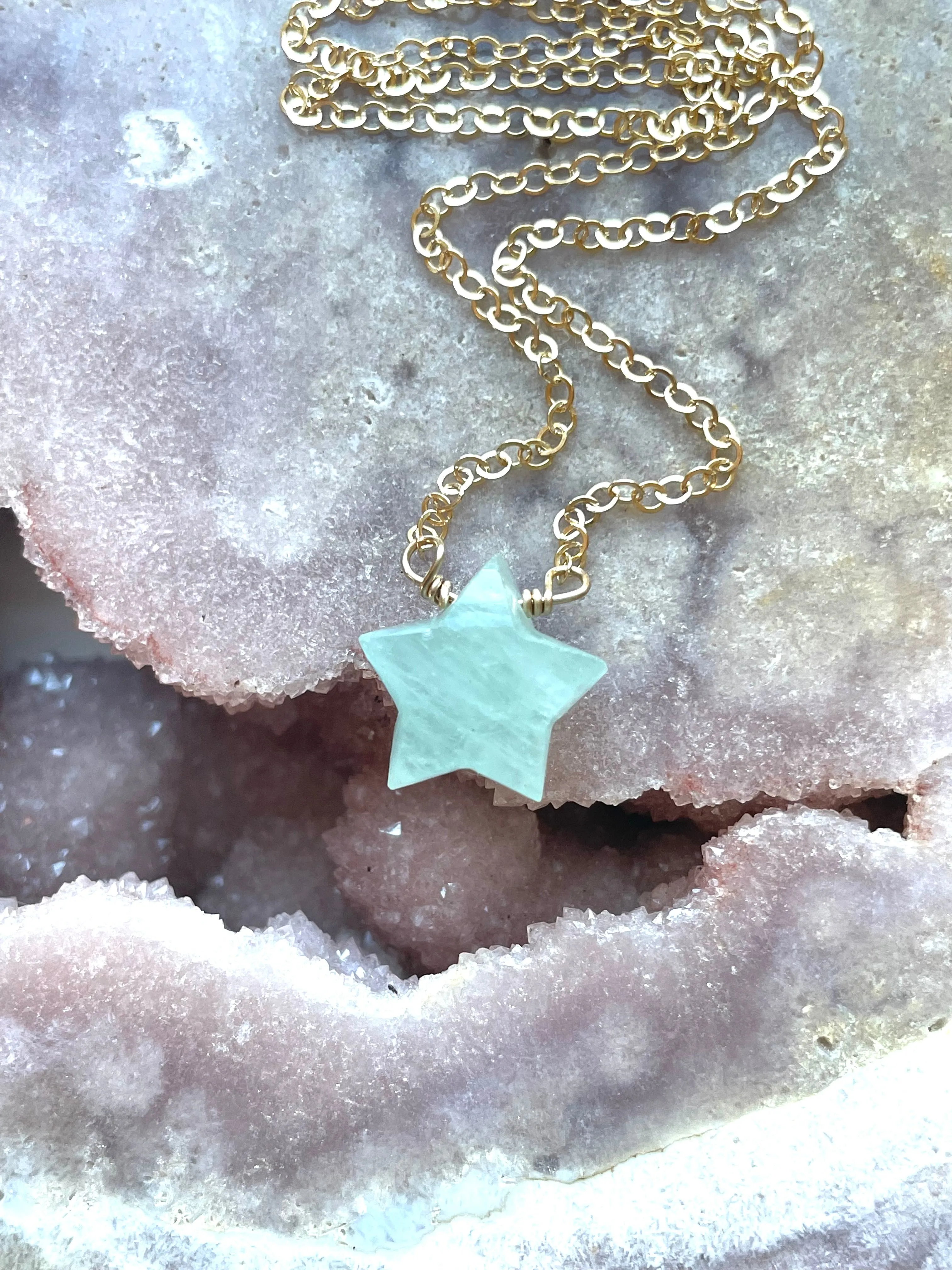 Dainty Aquamarine Star Shaped Pendant Necklace March Birthstone Gold filled or sterling silver