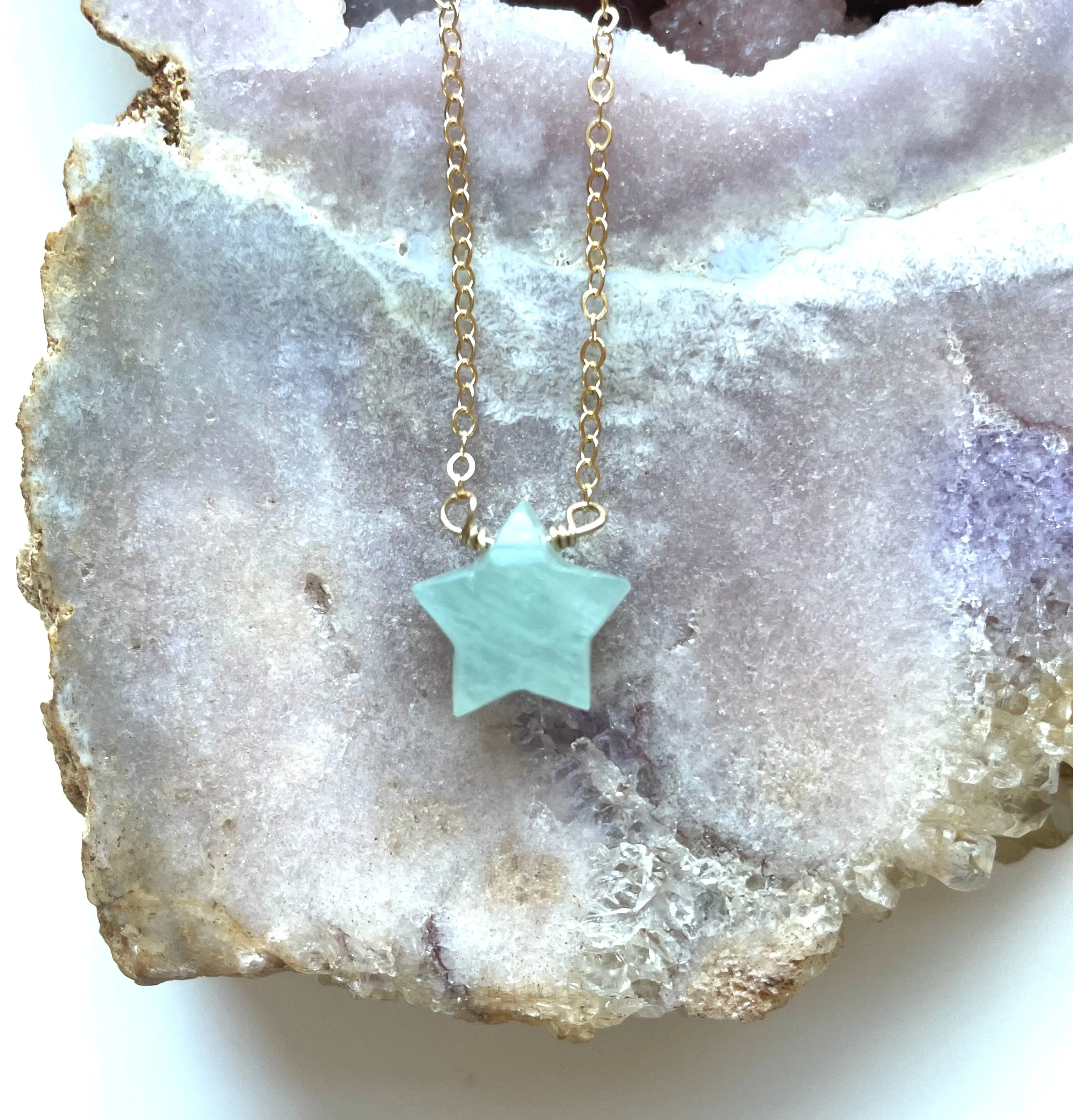 Dainty Aquamarine Star Shaped Pendant Necklace March Birthstone Gold filled or sterling silver