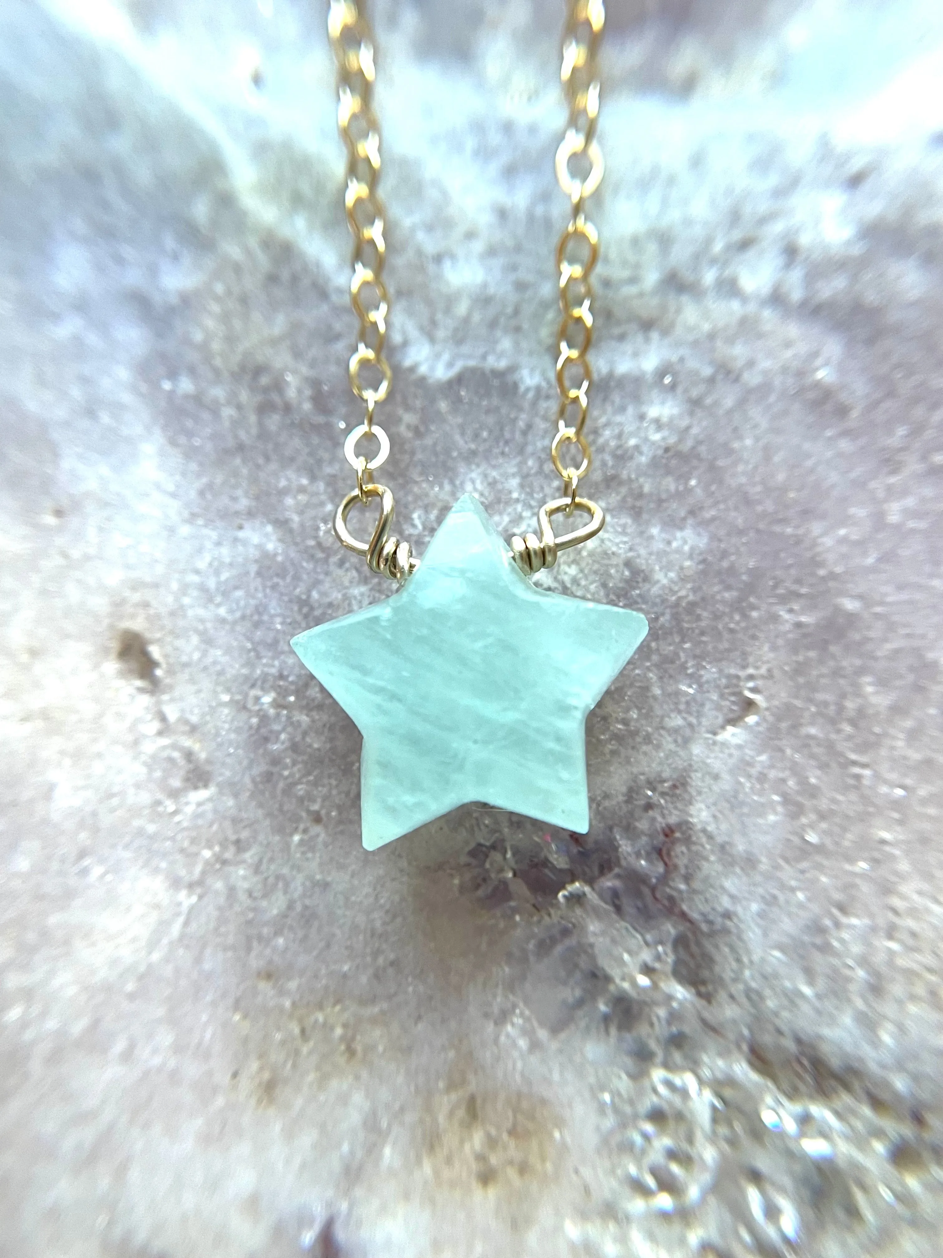 Dainty Aquamarine Star Shaped Pendant Necklace March Birthstone Gold filled or sterling silver