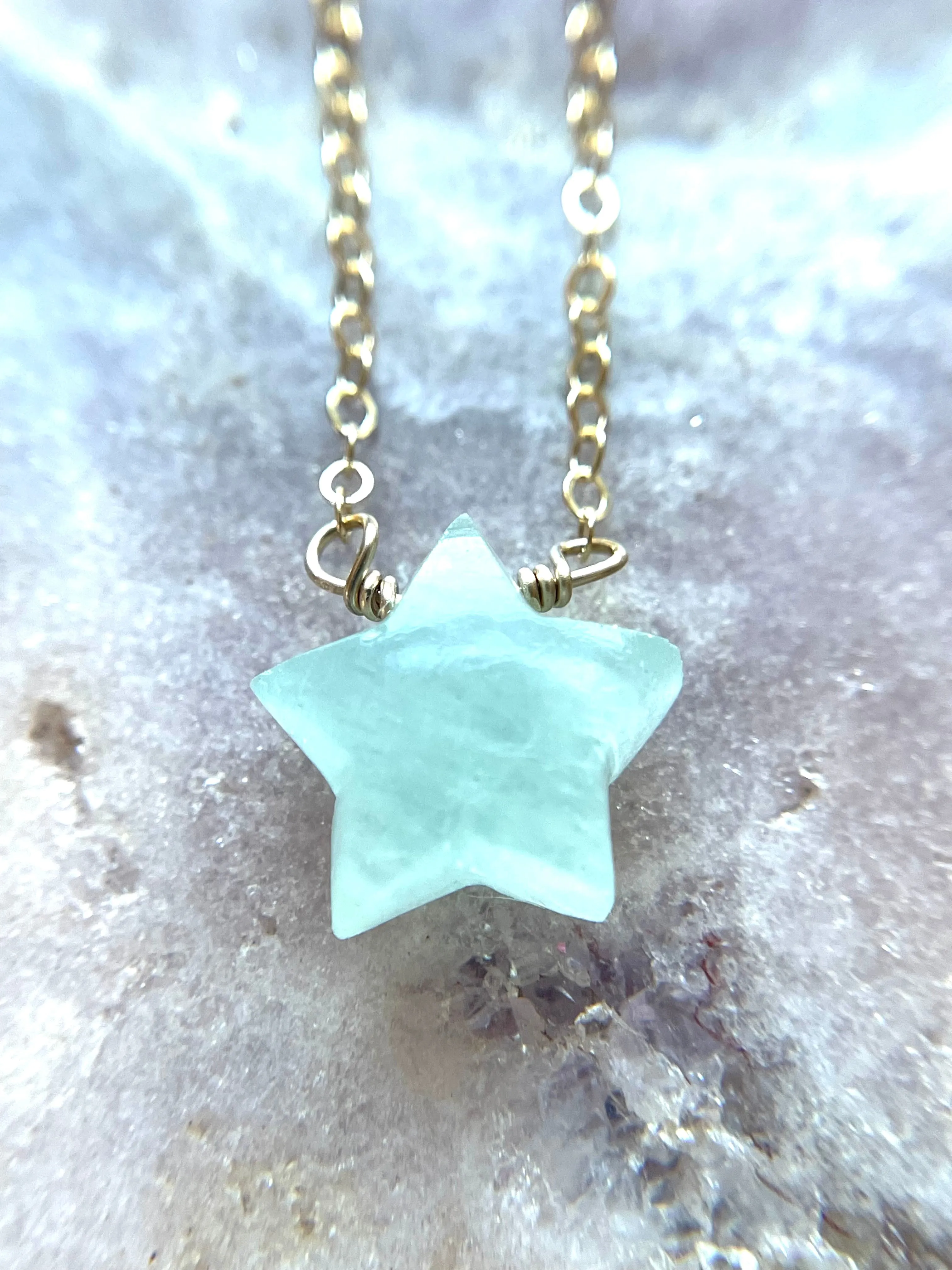 Dainty Aquamarine Star Shaped Pendant Necklace March Birthstone Gold filled or sterling silver