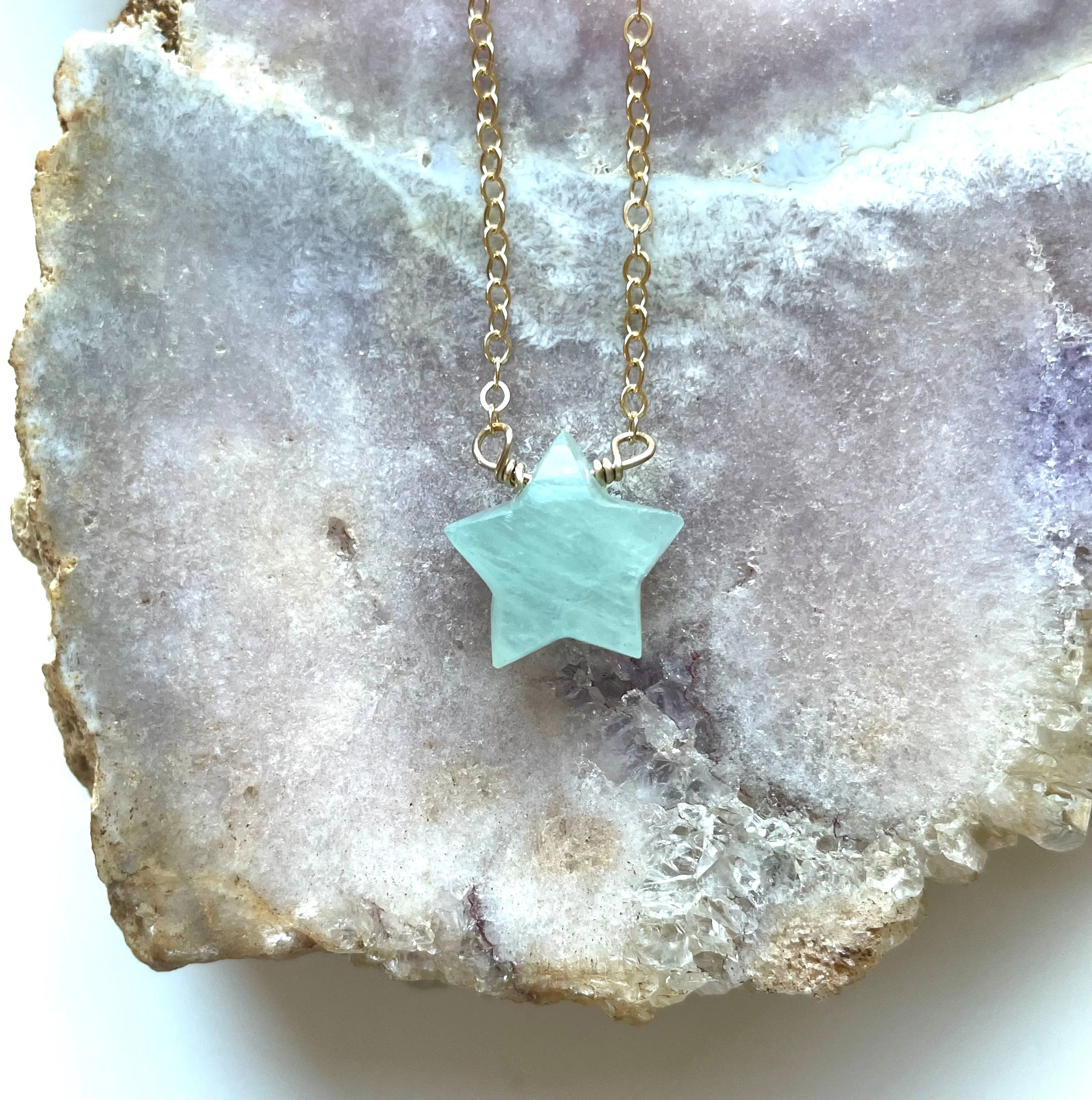 Dainty Aquamarine Star Shaped Pendant Necklace March Birthstone Gold filled or sterling silver