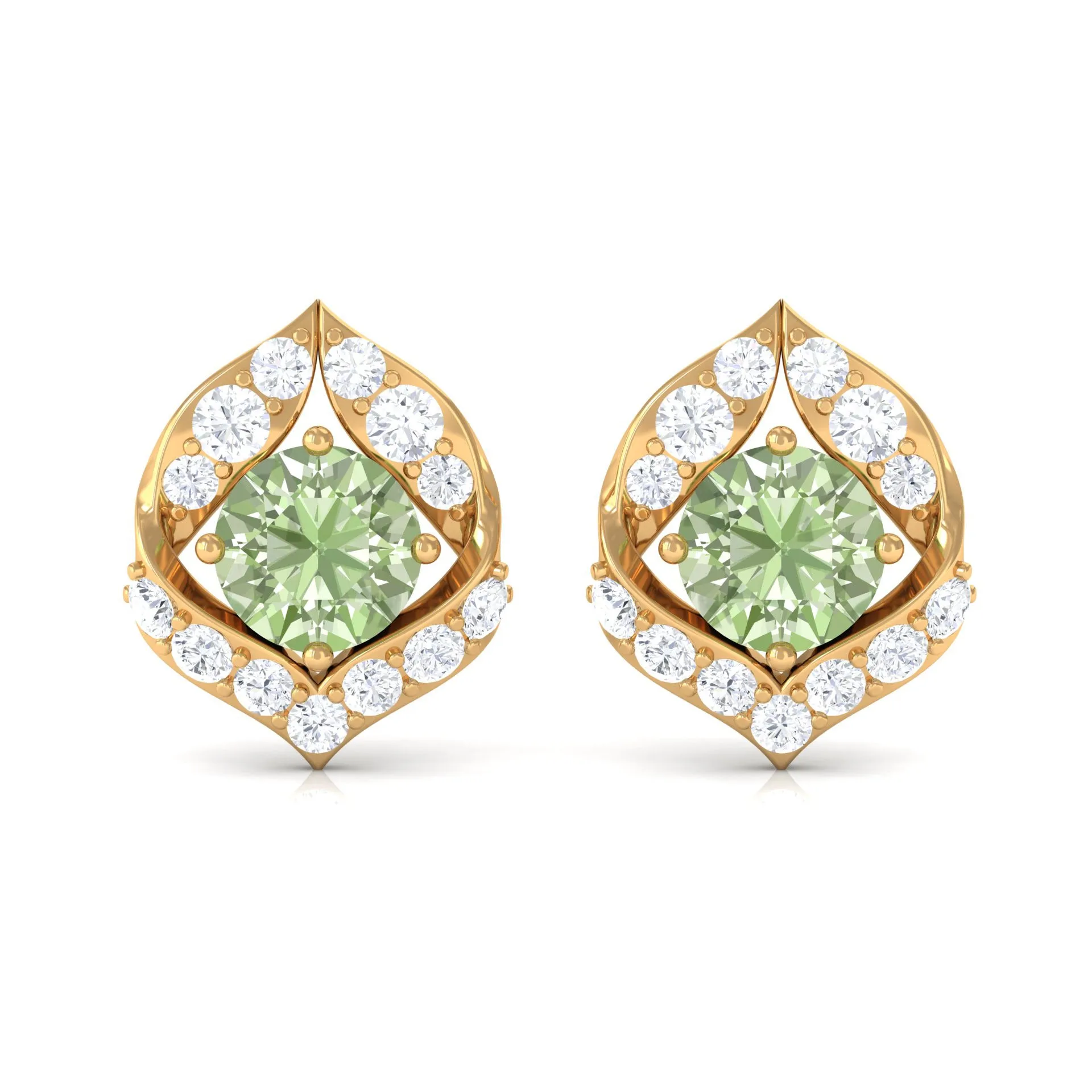 Dainty Green Sapphire and Diamond Petal Stud Earrings