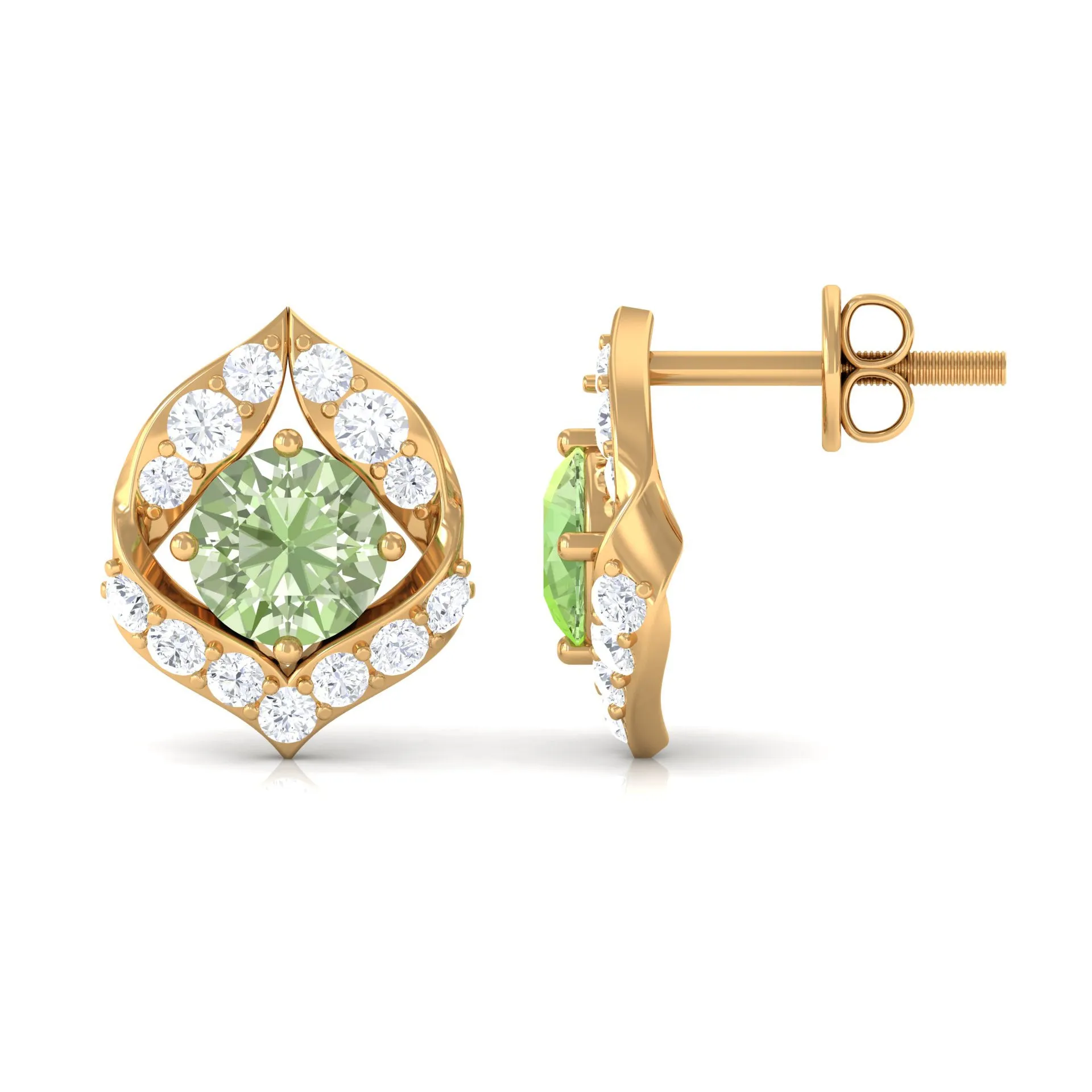 Dainty Green Sapphire and Diamond Petal Stud Earrings