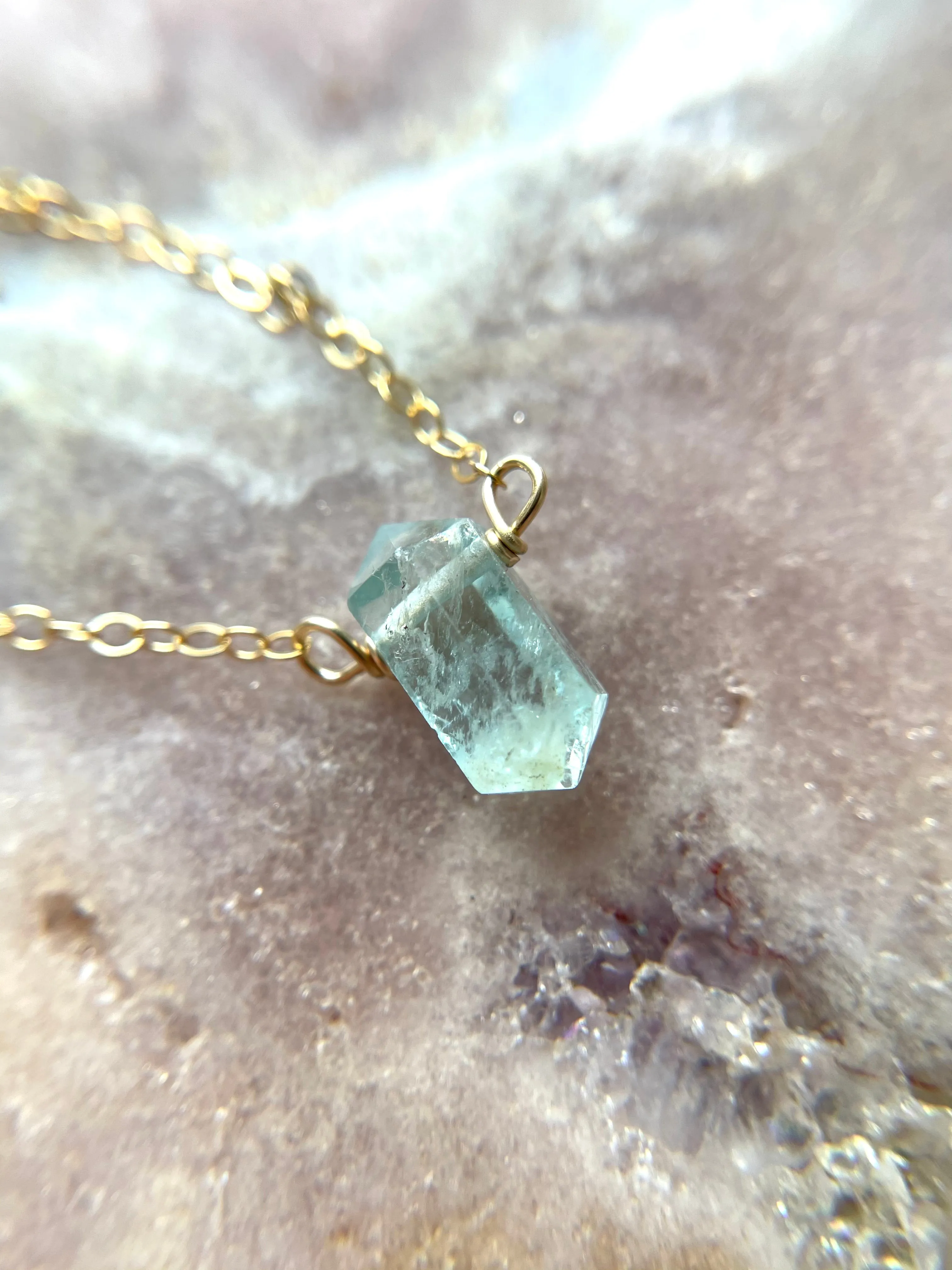 Dainty Petite Aquamarine Point Crystal Necklace in Sterling Silver or Gold