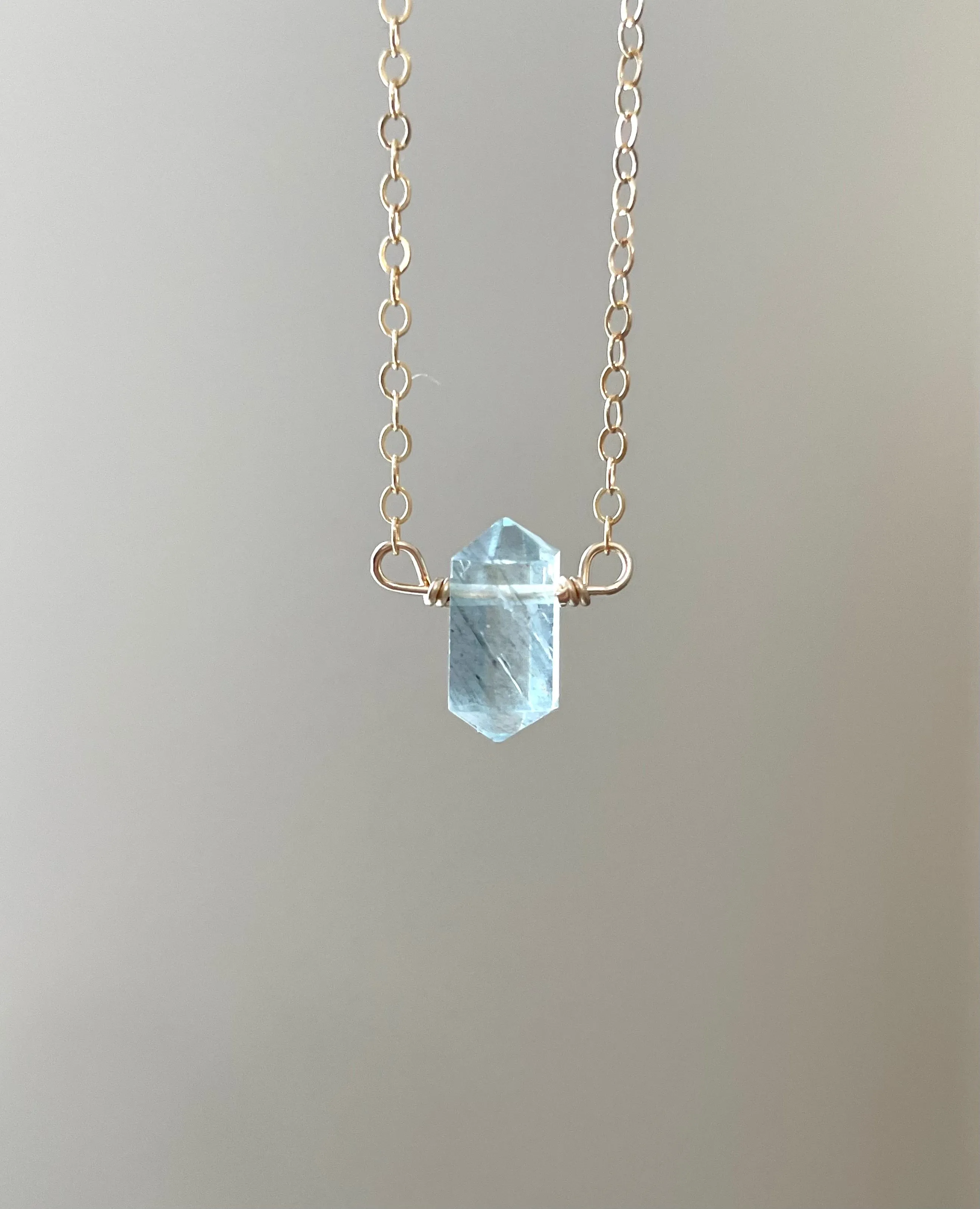 Dainty Petite Aquamarine Point Crystal Necklace in Sterling Silver or Gold