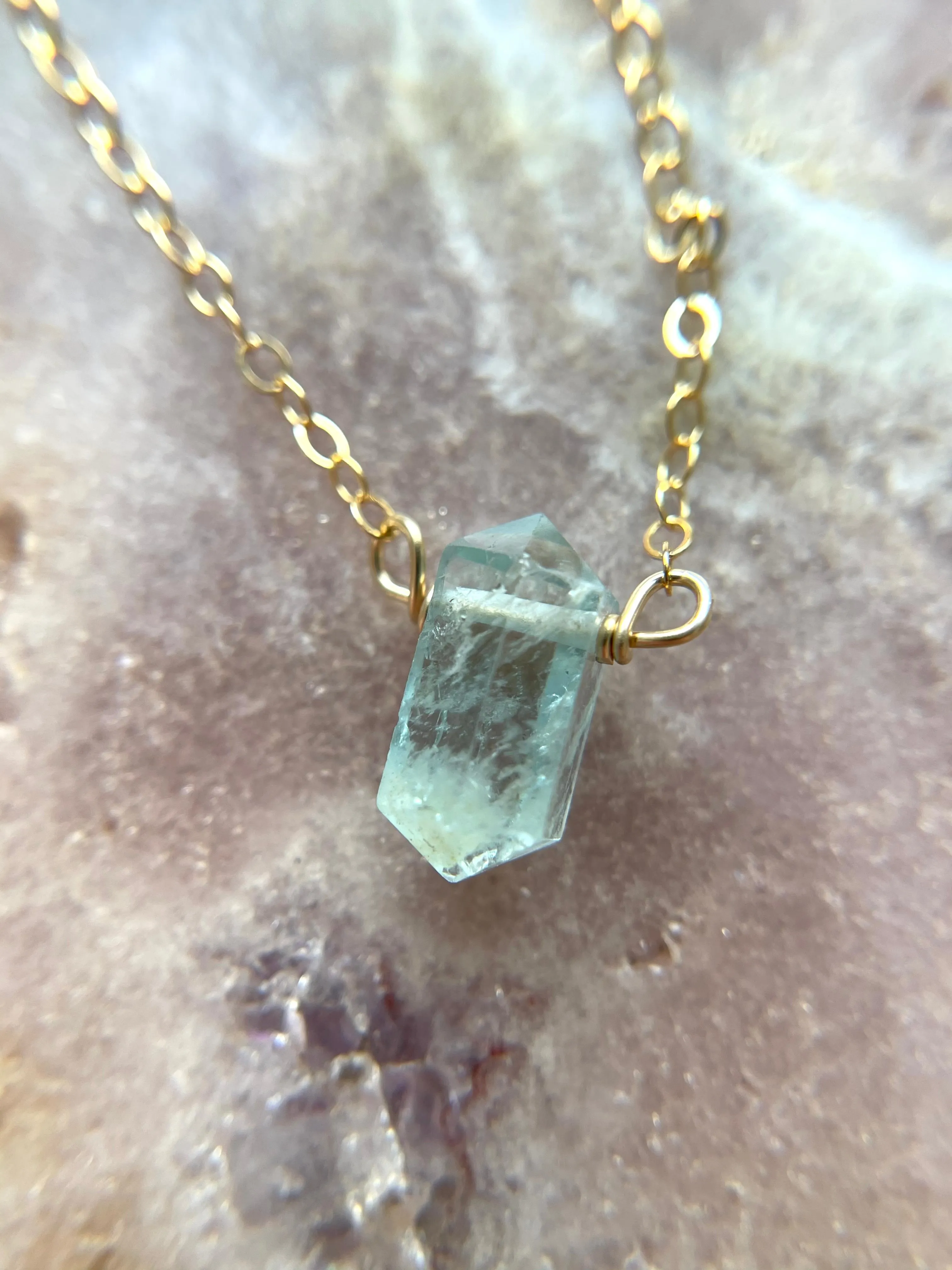 Dainty Petite Aquamarine Point Crystal Necklace in Sterling Silver or Gold