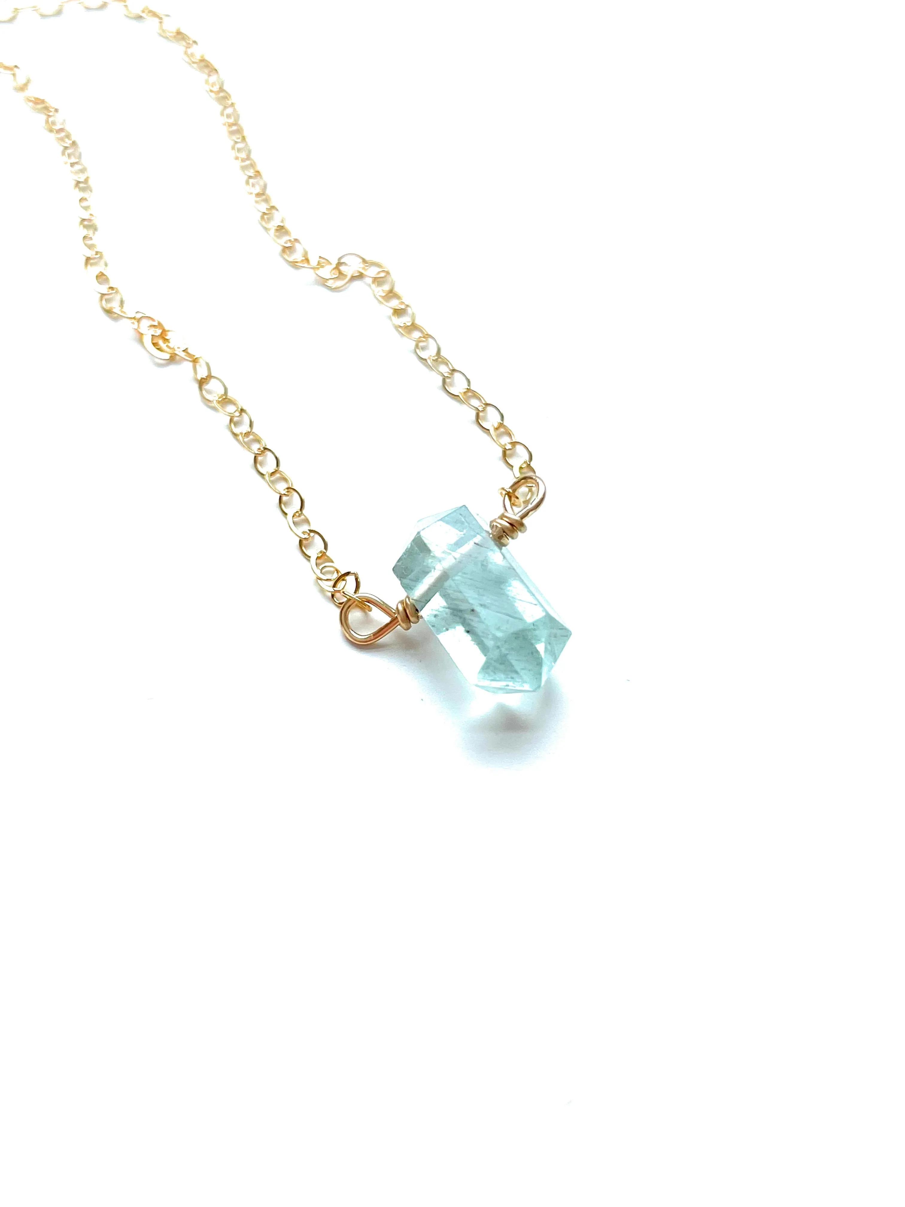 Dainty Petite Aquamarine Point Crystal Necklace in Sterling Silver or Gold