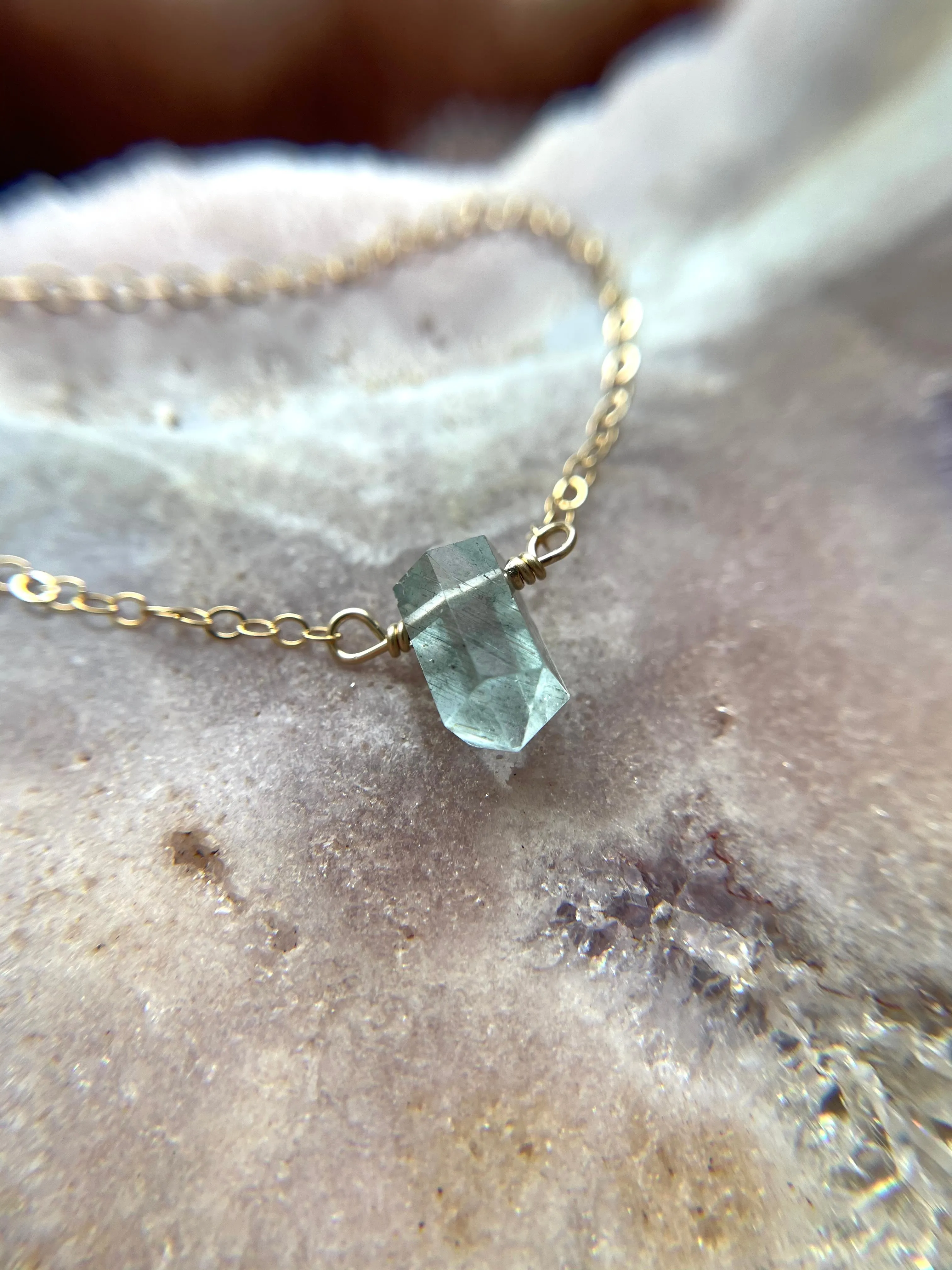 Dainty Petite Aquamarine Point Crystal Necklace in Sterling Silver or Gold