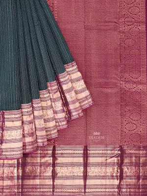 Dark Green Pure Kanchipuram Silk Saree with Dot Deigned Body and Contrast Border