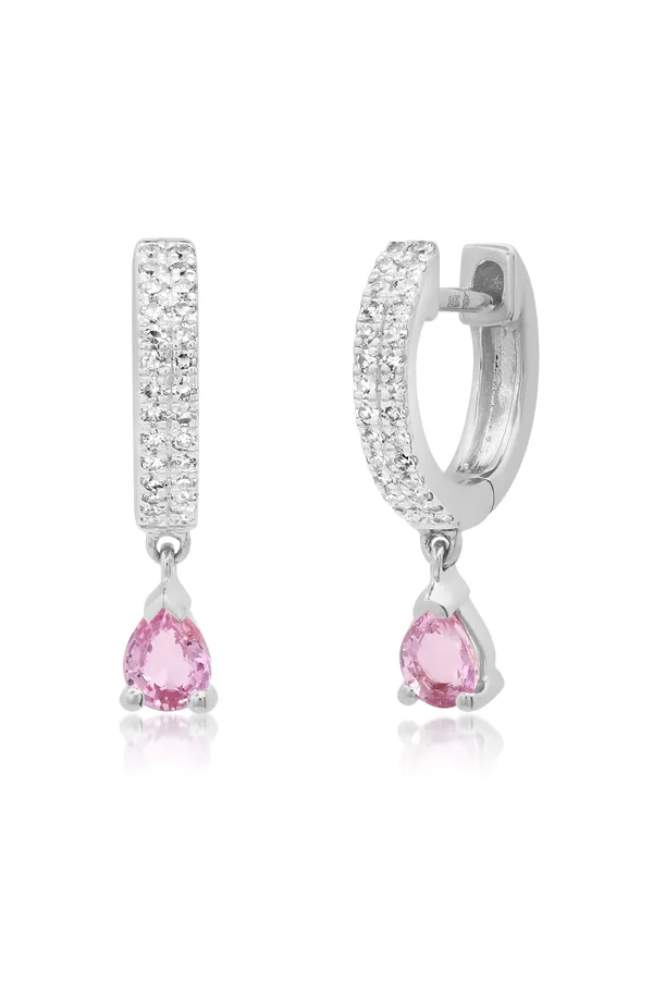 Diamond Huggies with Pink Sapphire Tear Drop