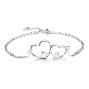 Double Heart 925 Sterling Silver Bracelet Bangles, Milky Opal Stone Design Silver Bracelet