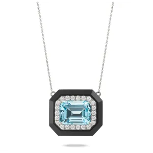 Doves 18K White Gold Sky Blue Topaz with Diamond Halo and Black Onyx Border Pendant Necklace