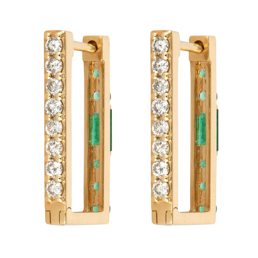 Emerald or Ombre Sapphire & Diamond Two-Sided Rectangular Hoop Earring