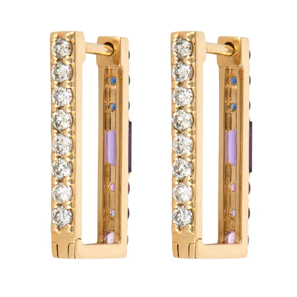 Emerald or Ombre Sapphire & Diamond Two-Sided Rectangular Hoop Earring