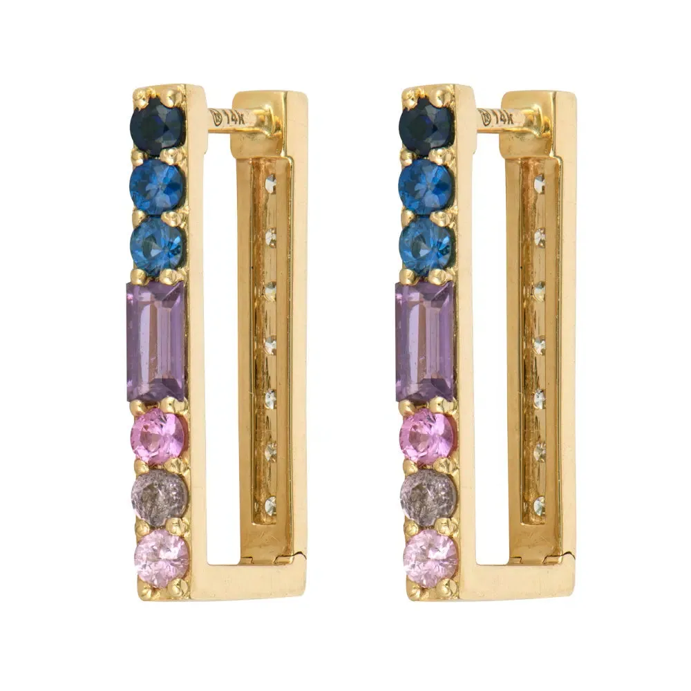 Emerald or Ombre Sapphire & Diamond Two-Sided Rectangular Hoop Earring