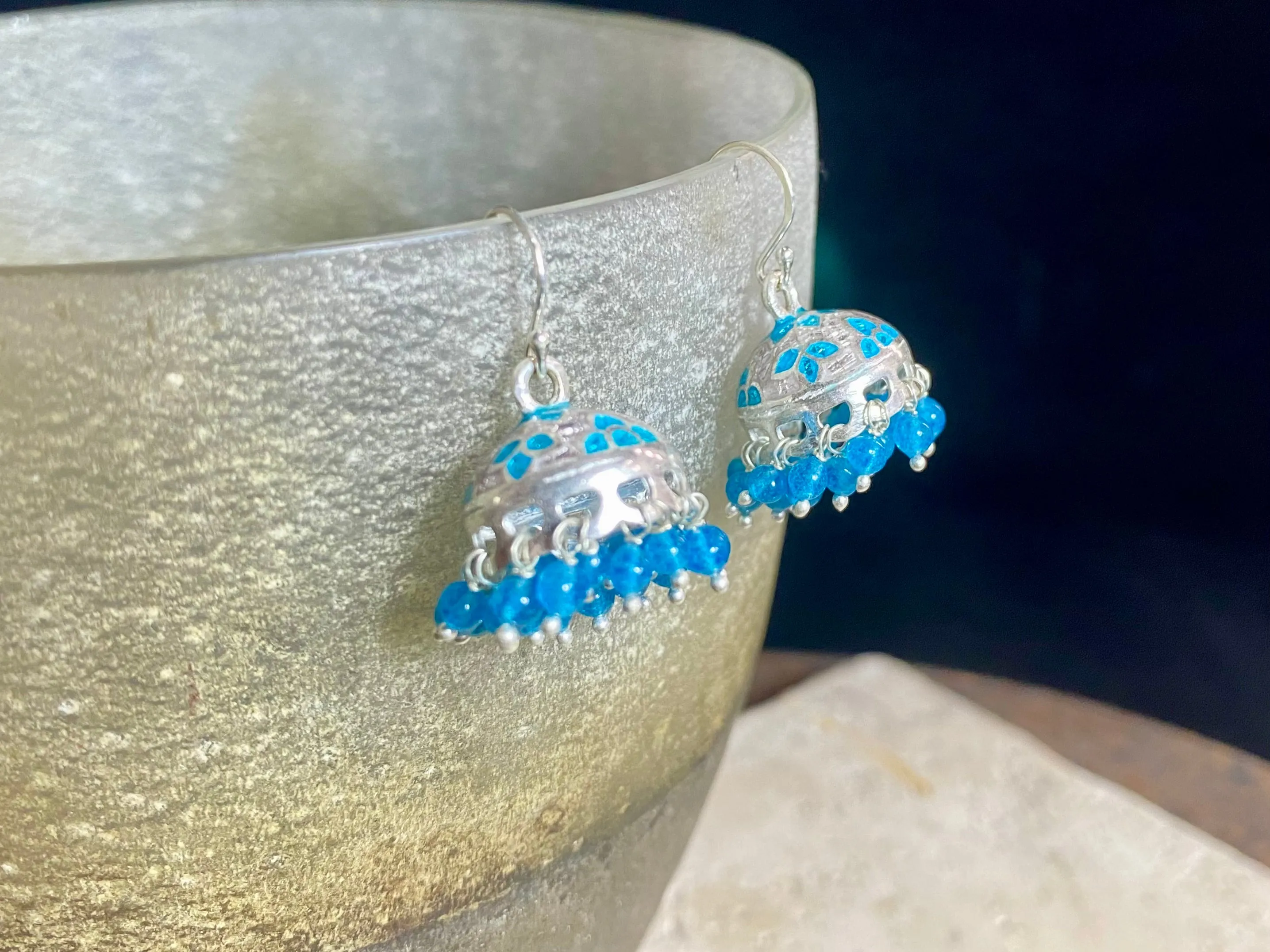 Enamel Silver Jhumka Earrings