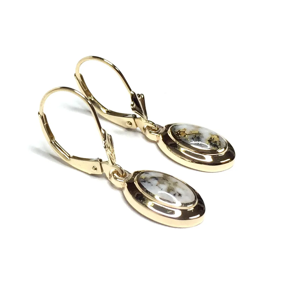 Gold Quartz Earrings Oval Shape Inlaid Lever Backs