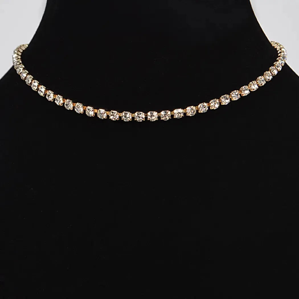 Gold Rhinestone Thin Choker Necklace