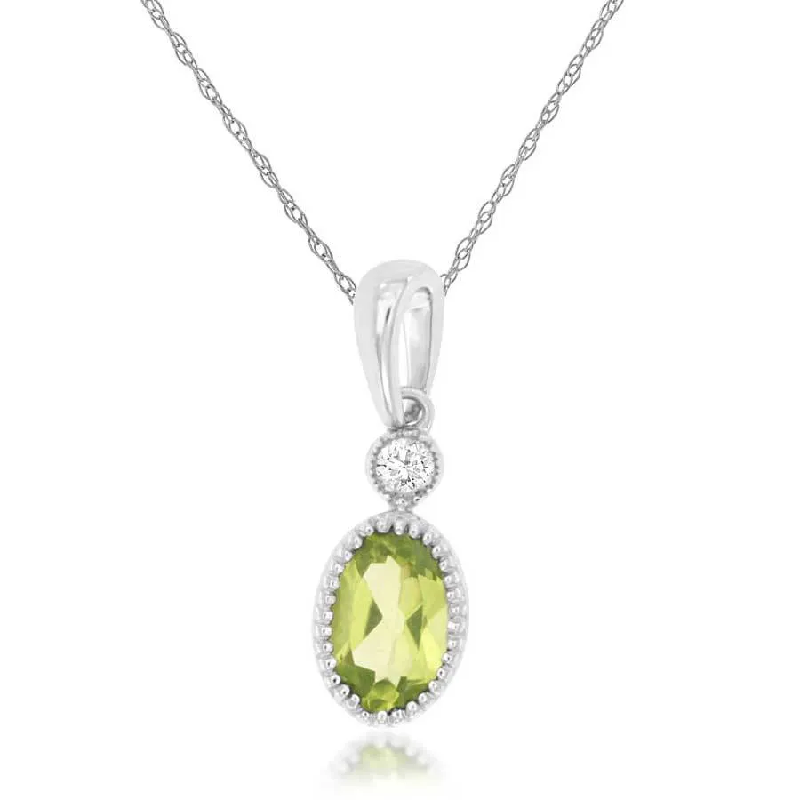 Green Beaded Bezel Set Oval Peridot and Round Diamond Pendant Necklace in White Gold