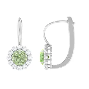 Green Sapphire and Moissanite Flower Halo Drop Earrings