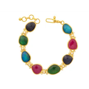 Gurhan One-of-a-Kind 24K Yellow Gold Rose Cut Sapphire, Emerald, Ruby, Opal and Round Bezel Set Bracelet with 18K Lobster Clasp