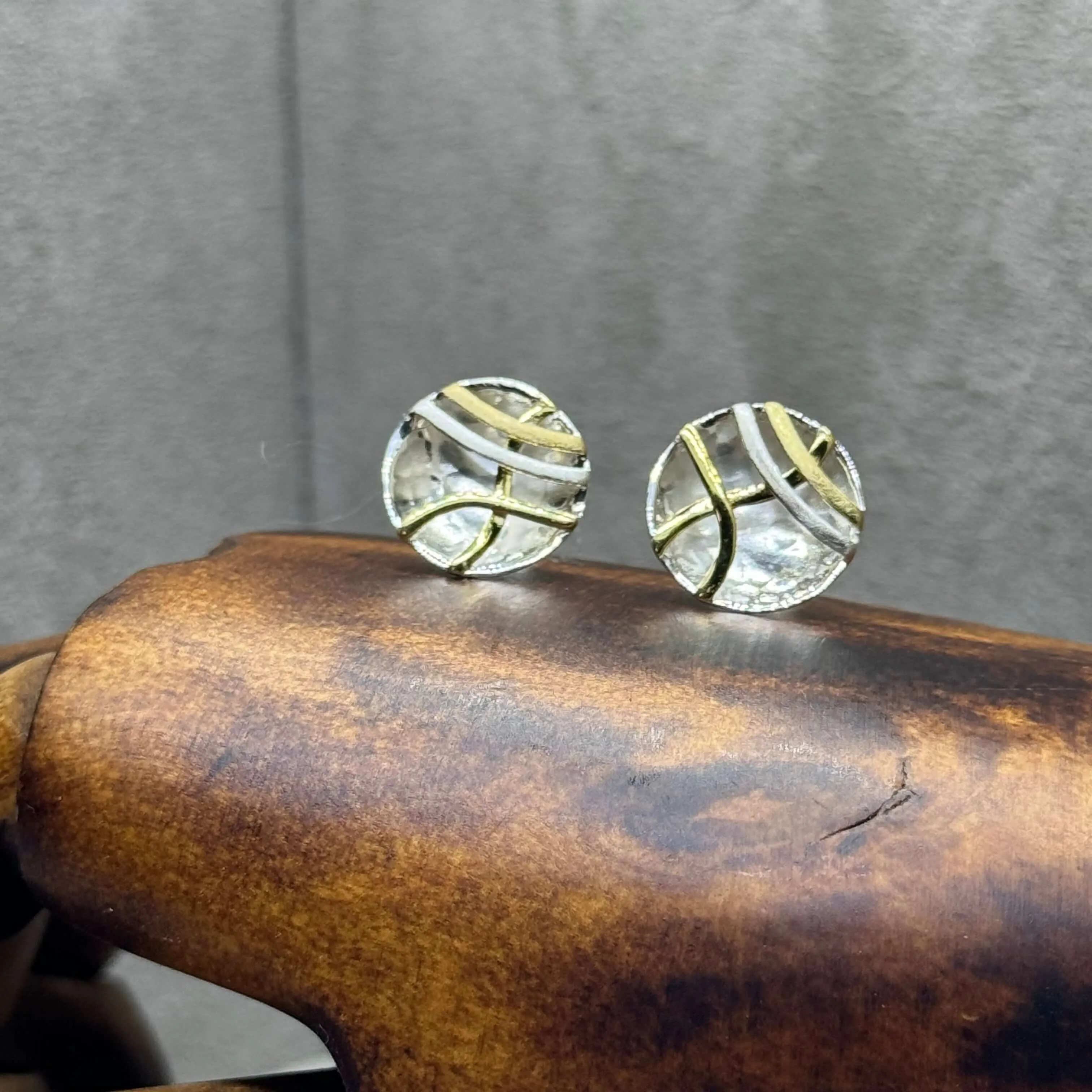 Hammered Sterling Silver Concave Disc Earrings with Linear Brass Details