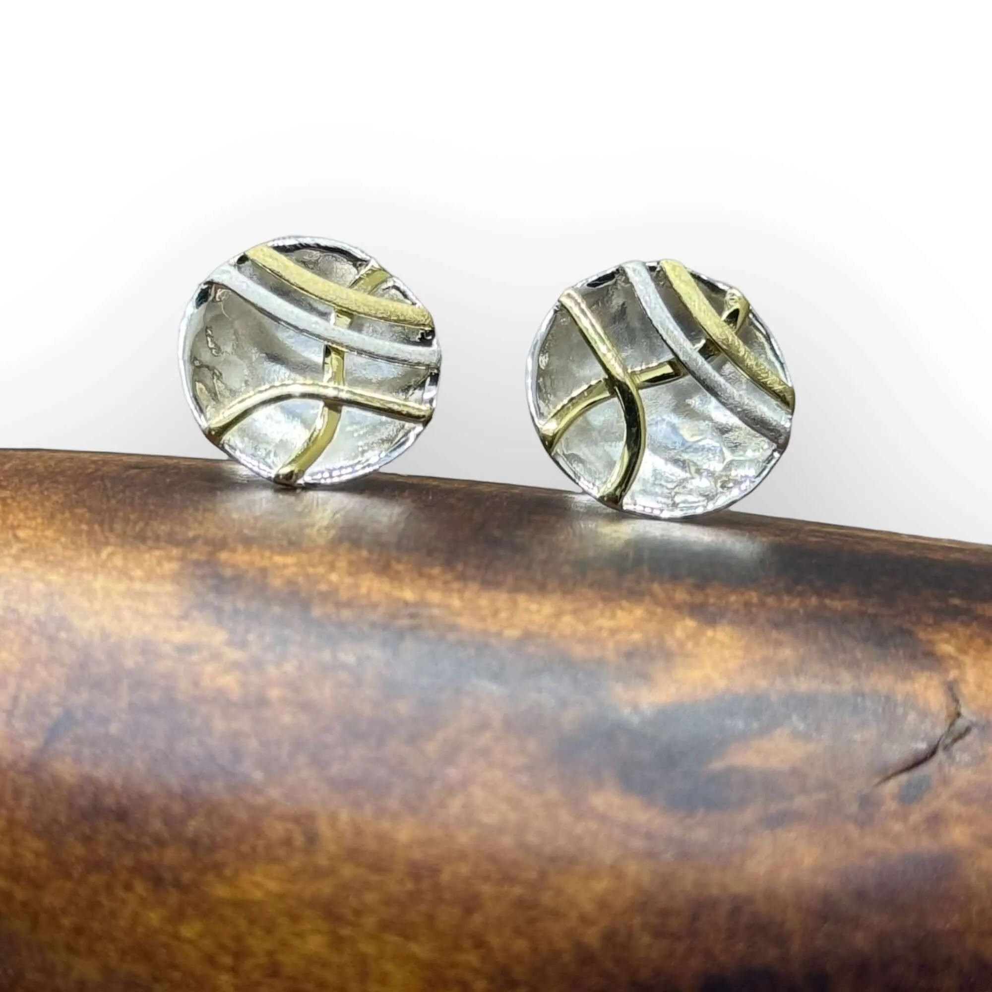 Hammered Sterling Silver Concave Disc Earrings with Linear Brass Details