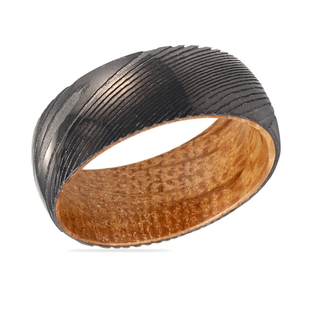 HARROD | Whiskey Barrel Wood, Gunmetal Damascus Steel Ring, Domed