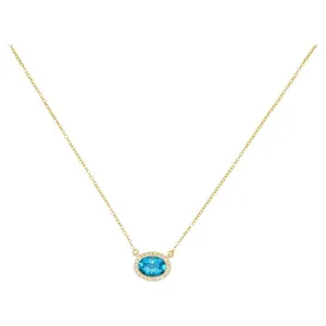 Horizontal Oval Blue Topaz and Diamond Halo Necklace