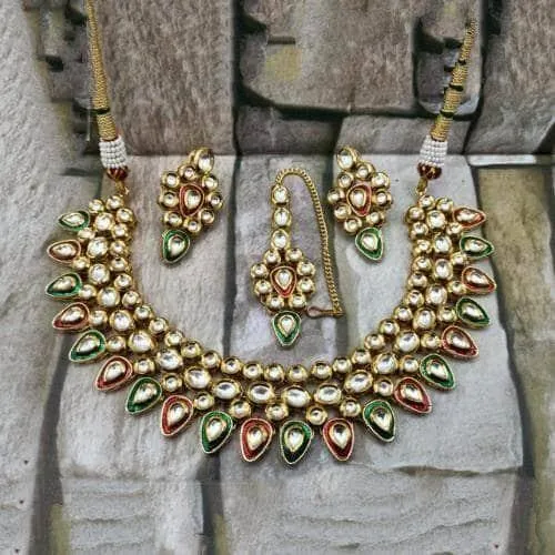 Inverted Drop Meena Outline Necklace And Earring Set