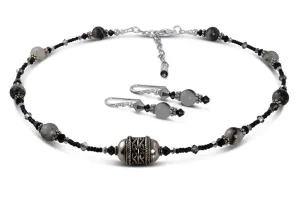 Jet Black Quartz Bead Necklace Set