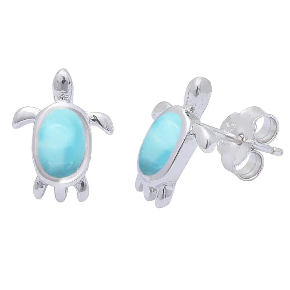 Larimar or Blue Created Opal Turtle Post Earrings Sterling Silver