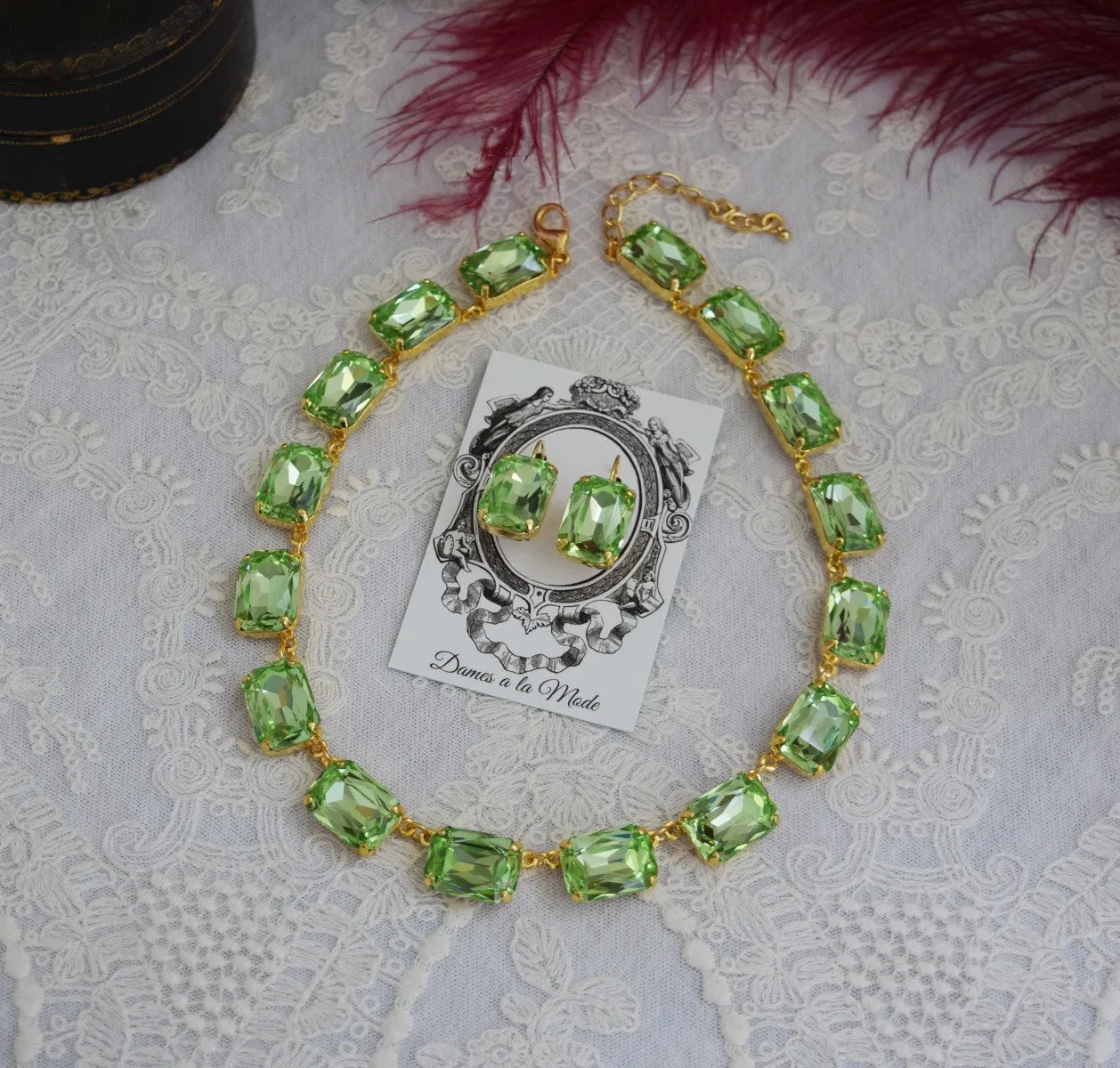 Light Green Aurora Crystal Collet Necklace - Large Octagon