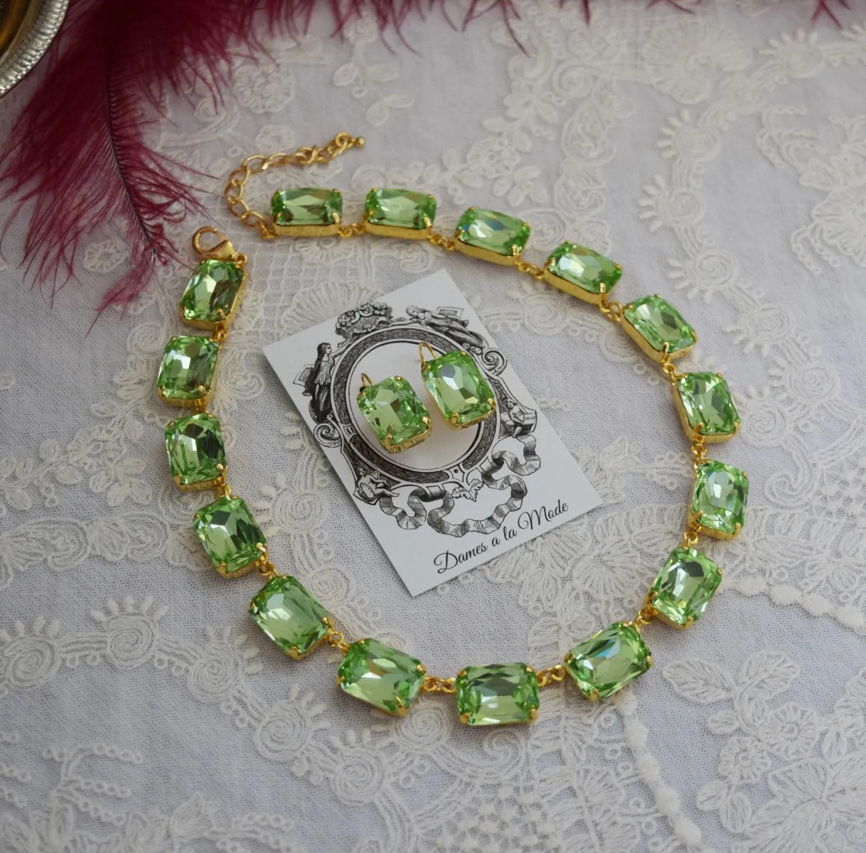 Light Green Aurora Crystal Collet Necklace - Large Octagon